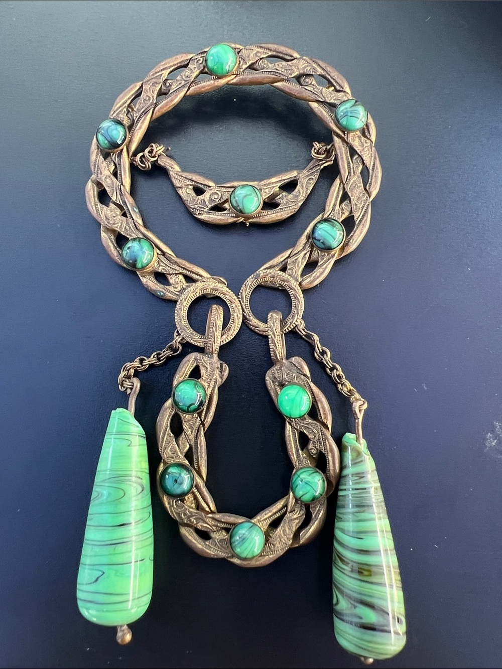Vintage-Style Gold Tone Necklace Pendant or Brooch with Green Stone Accents